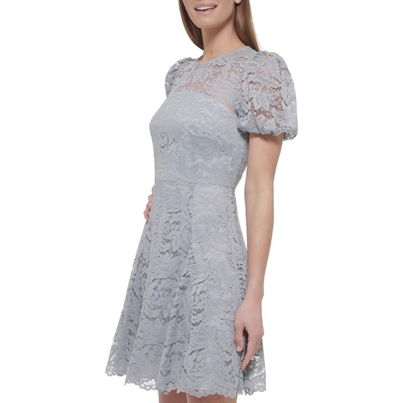 NWT Vince Camuto Lace Short Puff Sleeve Fit-And-Flare Dress in Gray - Picture 2 of 4